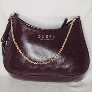 Guess Women's Deep Burgundy Shoulder Bag with Gold Chain